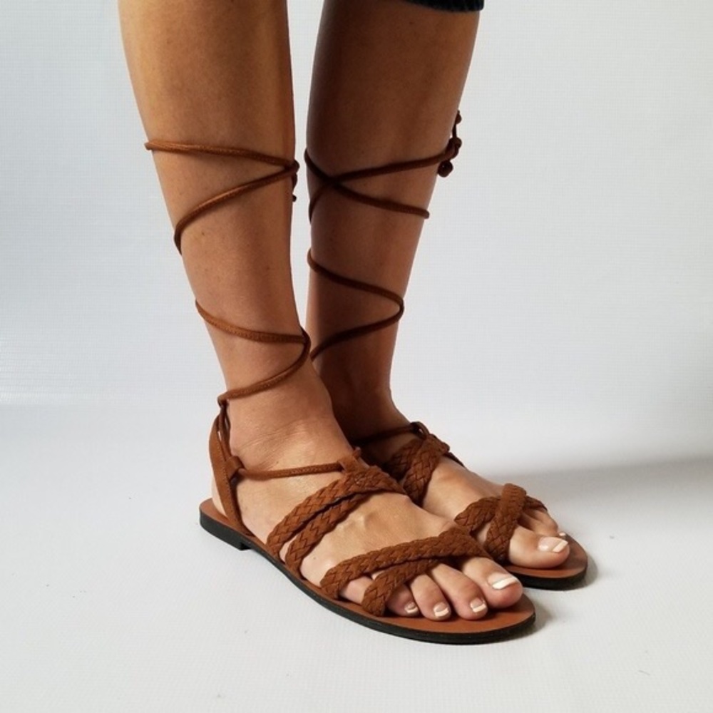 brown brash braided lace up sandals